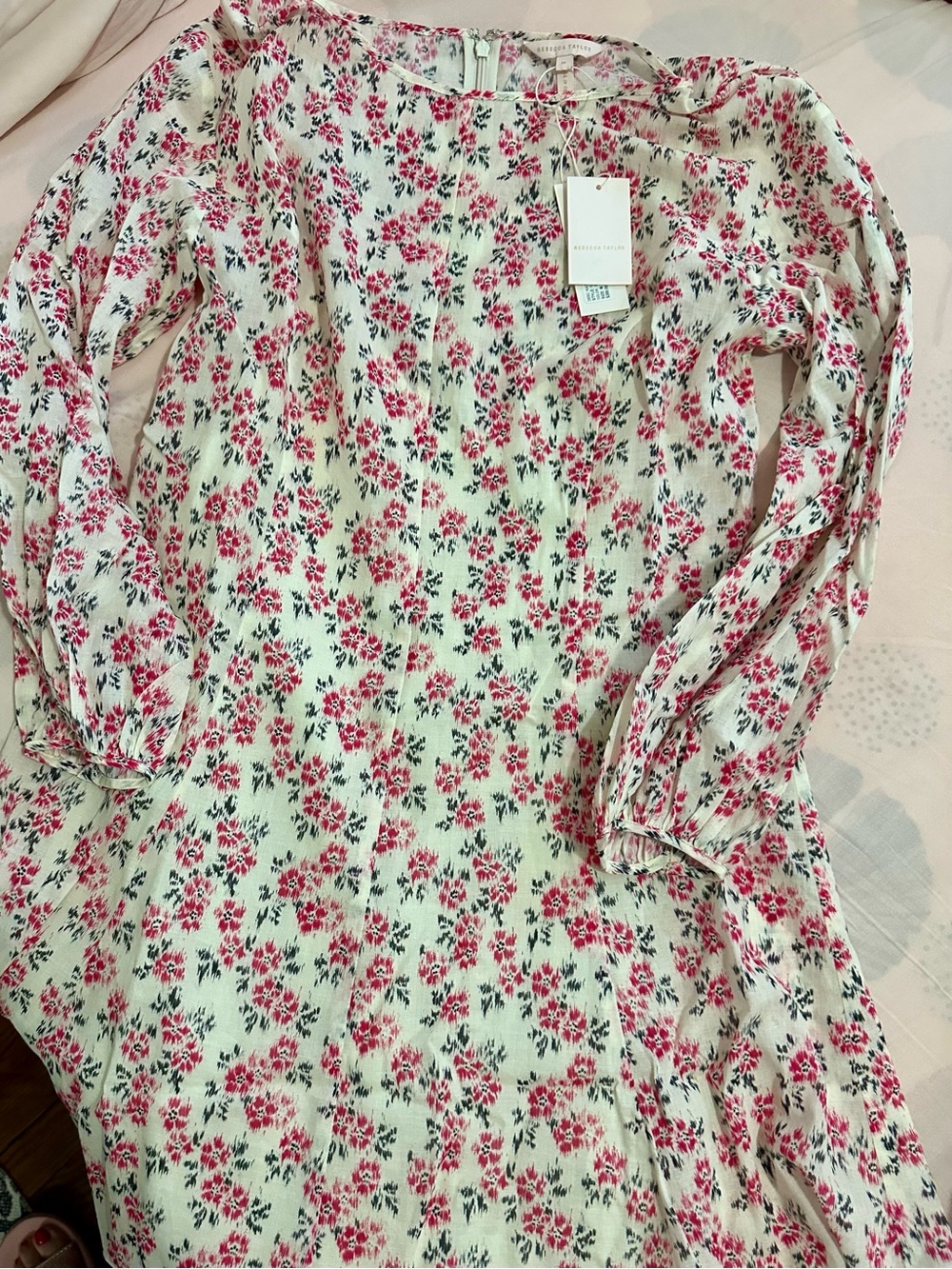 Rebecca Taylor Cream Midi Dress with Pink Floral Print